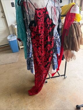 AB Studio Red and Black Floral Lace Prom Dress